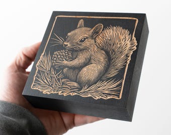 Squirrel Engraved Birch Wood Panel | Block Print Style Woodland Animal Wall Art, Cute Squirrel Illustration, Forest Cabin Nature Decor Gift
