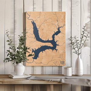 Kaw Lake Oklahoma / Decorazione per la casa con mappa personalizzata del lago, regalo personalizzato per casa sul lago, regalo per campeggio di nozze per anniversario, arte murale in legno incisa