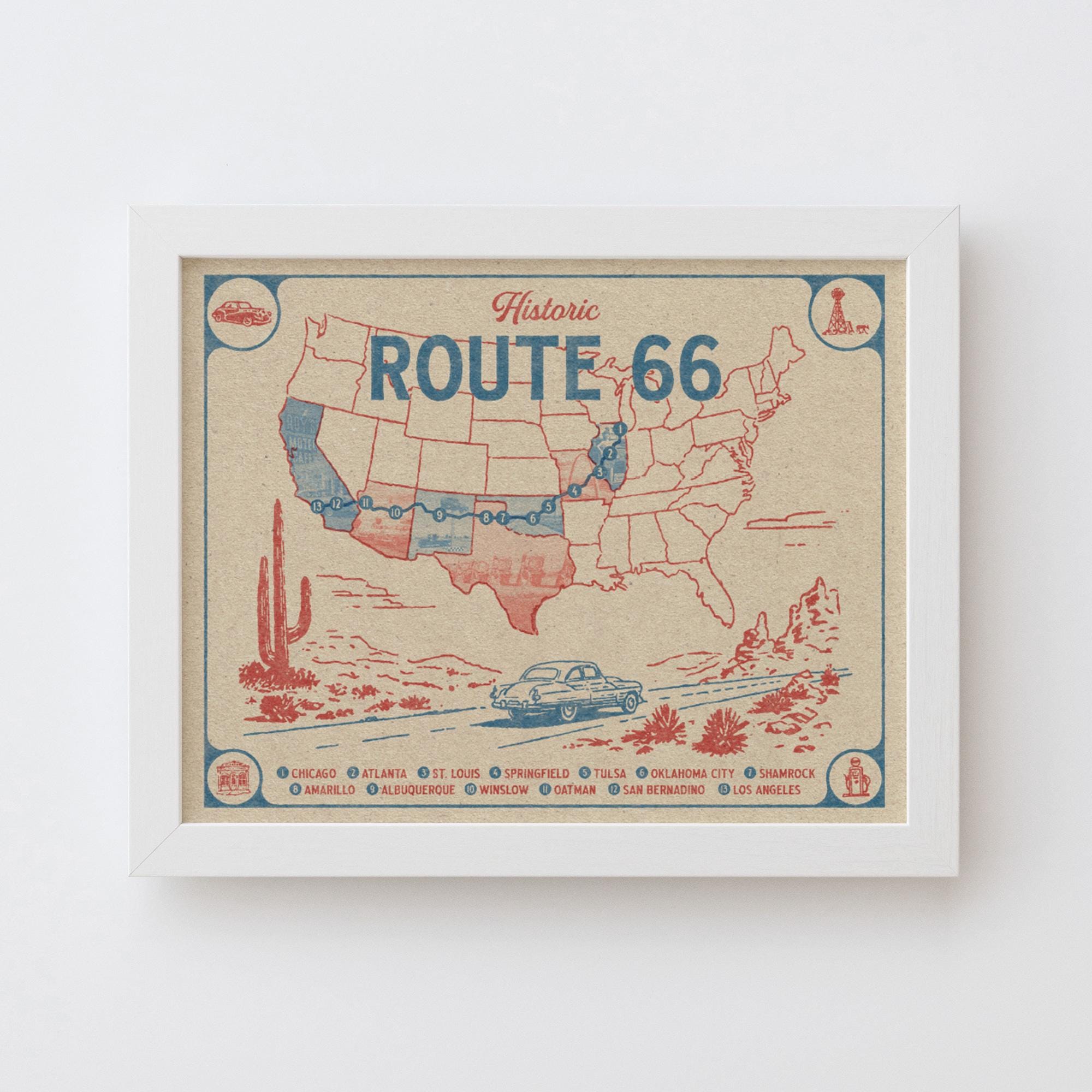 Route 66 Map Art Print - Vintage Road Trip Wall Decor, Americana Travel ...