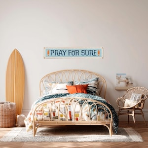 Pray For Surf Felt Banner | Classic vintage style typography flag. Beach House Decor. Surfing pennant wall art gift. Coastal Surfboard art.