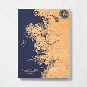 Kaart van St. Martins, Florida | Gegraveerd houten bord kustmuur, huisdecor strandhuis nautische print, uniek gepersonaliseerd familiecadeau