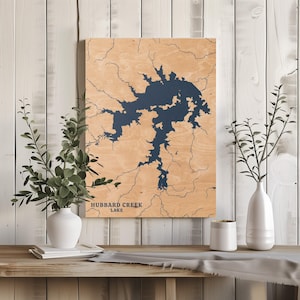 Hubbard Creek See Texas | Benutzerdefinierte See Karte Wohnkultur, personalisierte See Haus Geschenk, Jahrestag Hochzeitslager Geschenk, gravierte Holz Wandkunst