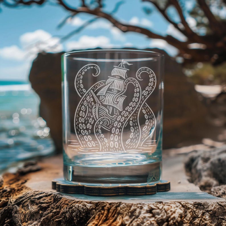 Kraken Glasses | Laser Etched Nautical Barware, Engraved Gift for Ocean Lovers & Maritime Home Decor image 1
