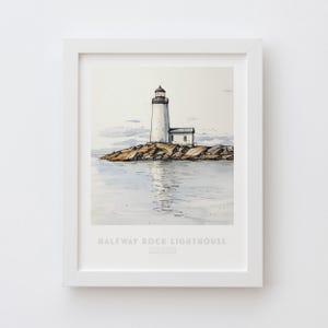 Halfway Rock Lighthouse Maine Wall Art Print - Pen Ink & Watercolor Lighthouse Illustration, archival quality fine art print. State gift.