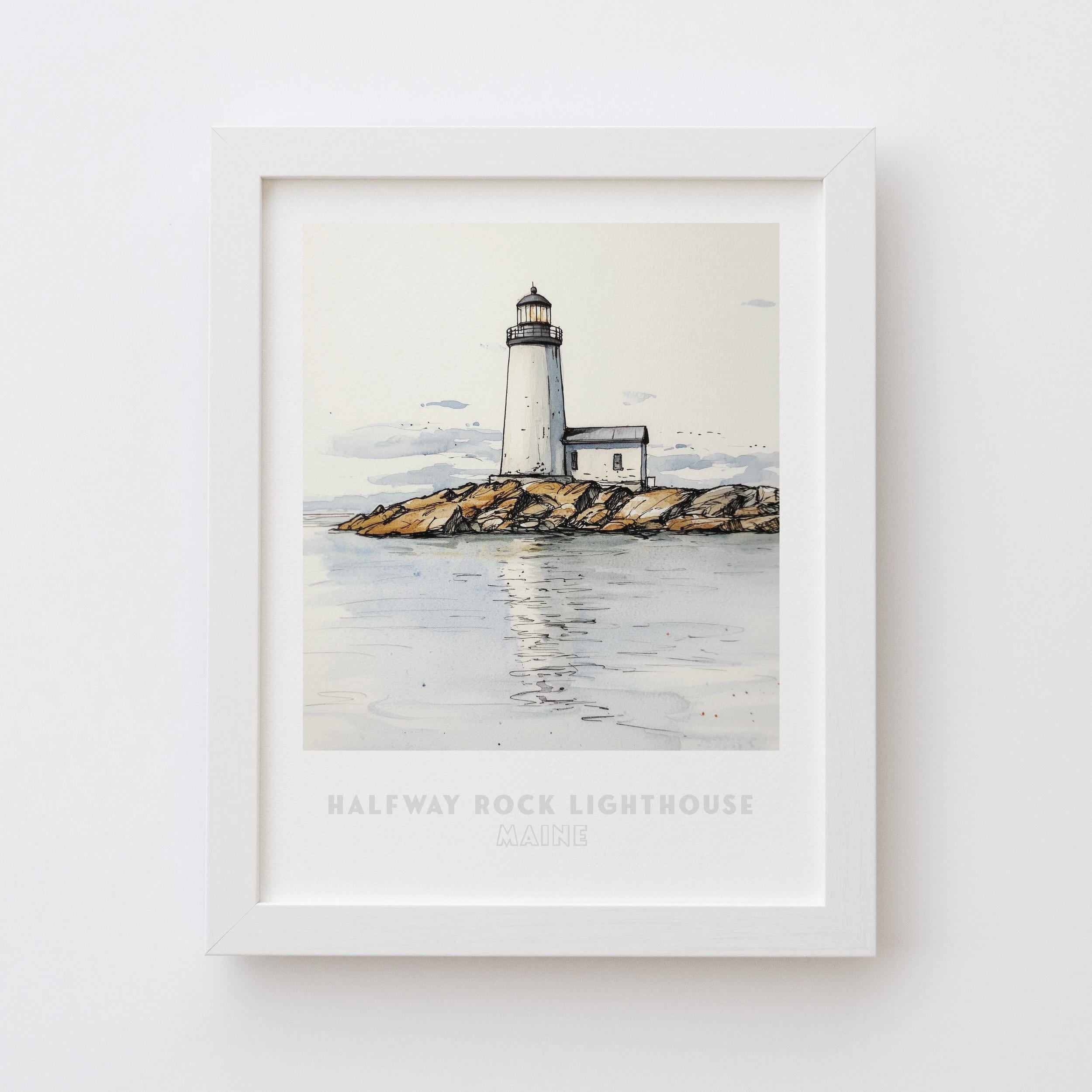 Halfway Rock Lighthouse Maine Wall Art Print - peninkt en aquarel vuurtorenillustratie, fine-art print van archiefkwaliteit. Staatscadeau.