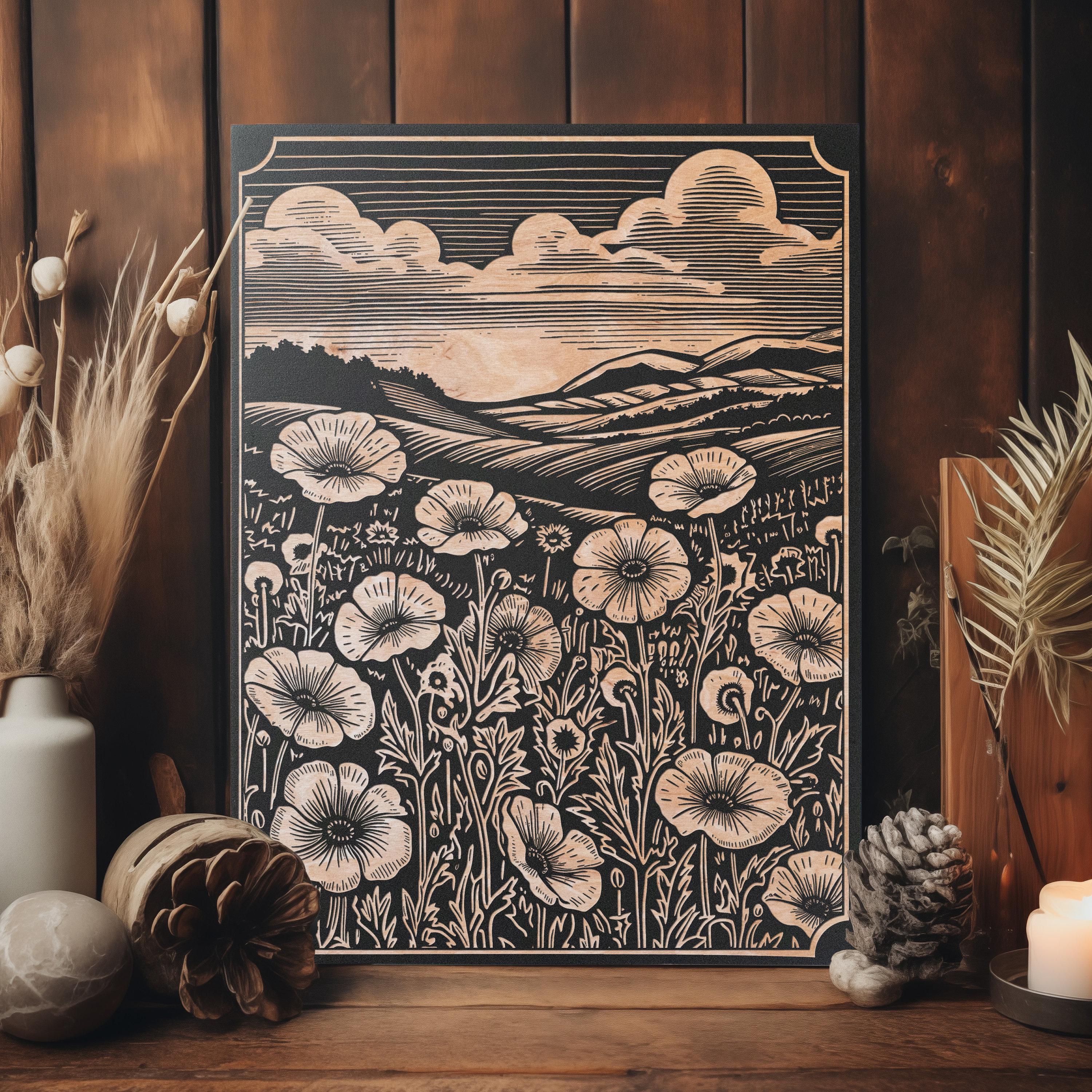 Flower Field Engraved Birch Wood Panel | Block Print Inspired