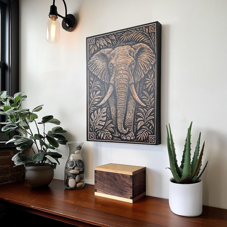 Elephant in the Jungle Engraved Illustration : Safari Inspired Birch ...
