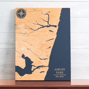 Mappa di Asbury Park, New Jersey / Carta costiera incisa su legno, decorazione da parete per la casa in stile nautico, regalo unico e personalizzato per la famiglia