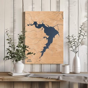 Lake Waco Texas / Decorazione per la casa con mappa personalizzata del lago, regalo personalizzato per casa sul lago, regalo per anniversario di matrimonio in campeggio, arte murale in legno incisa