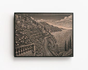 Amalfi Coast Italy Engraved Birch Art Panel | Coastal Travel Wall Art, Mediterranean Decor, Vacation Memory Gift
