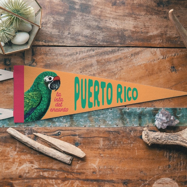 Puerto Rico Felt Pennant | Island of Enchantment banner poster. Vintage typography Parrot flag pennant home decor. USA Handmade