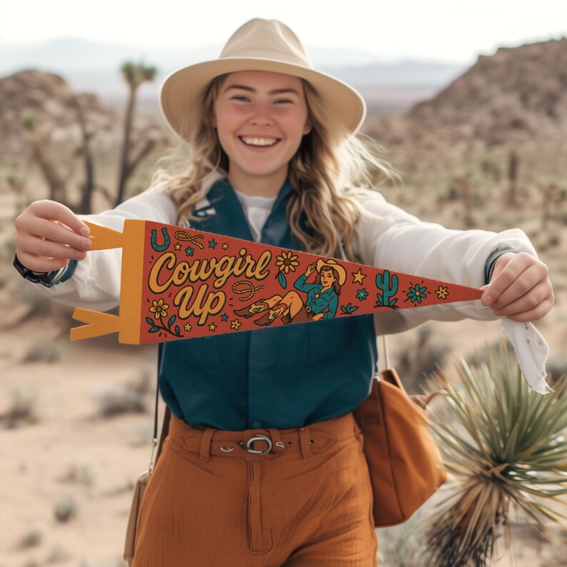 Cowgirl Up Felt Pennant | Western Wall Decor, Ranch Cowboy Banner, Rustic Girls Room Sign, Handmade Western Art, Fun Country Gift Idea Mini Pennant