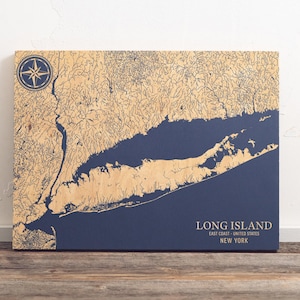 Long Island, New York Karte | "Graviertes Holz Küstenkarte Wand Kunst Zeichen, Strand Wohnkultur nautischen Druck, einzigartiges personalisiertes Geschenk für die Familie
