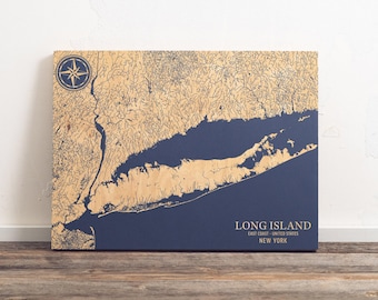 Long Island, New York Karte | "Graviertes Holz Küstenkarte Wand Kunst Zeichen, Strand Wohnkultur nautischen Druck, einzigartiges personalisiertes Geschenk für die Familie