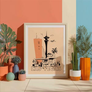 Póster de arte mural de Las Vegas de mediados de siglo: Ilustración de decoración moderna de mediados de siglo de inspiración vintage, impresión artística de archivo. Regalo de Sin City, Nevada.