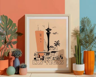 Las Vegas Mid Century Wall Art Poster - Vintage inspired mid century modern decor Illustration, archival art print. Sin City Nevada gift.