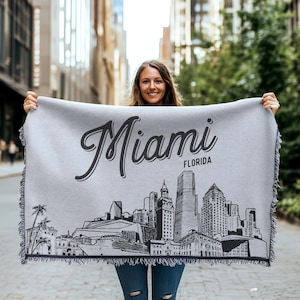 Miami Florida City Blanket | Woven Throw Blanket Gift, Black & White Skyline City Art, Fun Home Decor, Cozy Soft City Gift