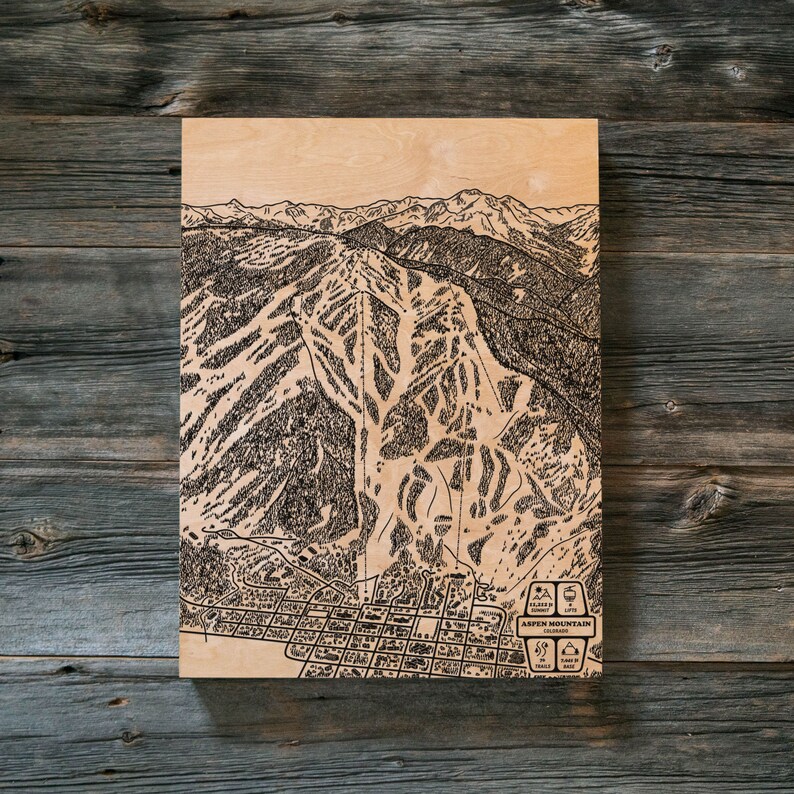 Aspen Mountain AJAX Colorado Skipiste Karte Gravierte Holz Wandkunst, Winter Sport Cabin Decor, Snowboard Mountain Trail Poster, Familiengeschenk Bild 4