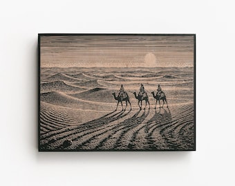 Camels in the Sahara Engraved Birch Art Panel | Camel Caravan Wall Art, Desert Travel Decor, Adventure Gift