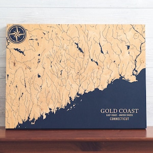 Mappa di Gold Coast, Connecticut / Insegna artistica costiera in legno incisa, decorazione da parete per casa sulla spiaggia, stampa nautica, regalo personalizzato unico