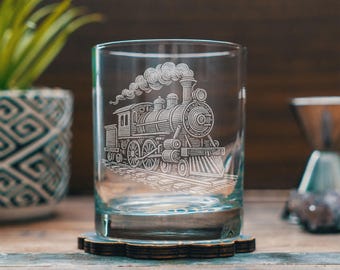 Locomotive Train Glasses | Laser Etched Vintage Engine Barware | Railroad Gift | Whiskey, Pint, Stemless Wine Glass
