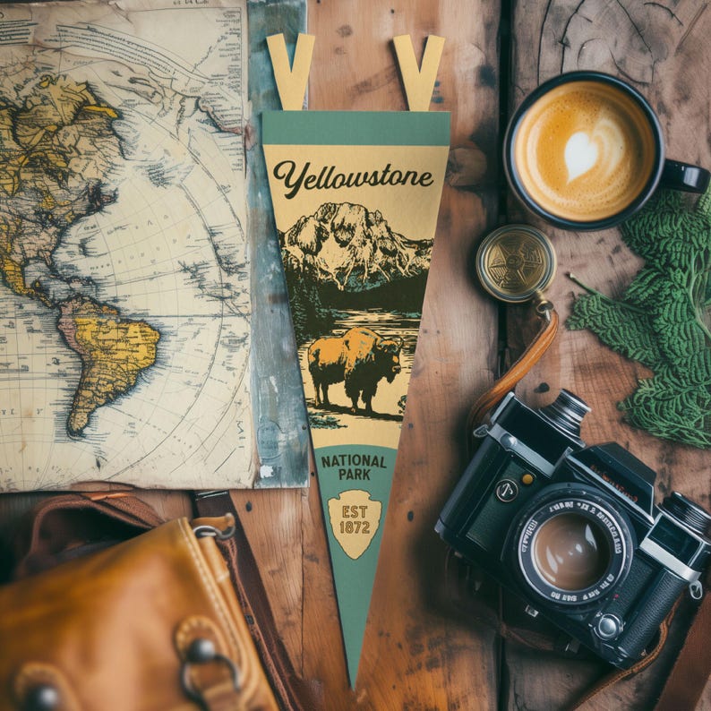 Yellowstone National Park Felt Pennant | Vintage Bison & Mountains Camp Flag, National Park Wall Decor, Adventure Home Accent image 3