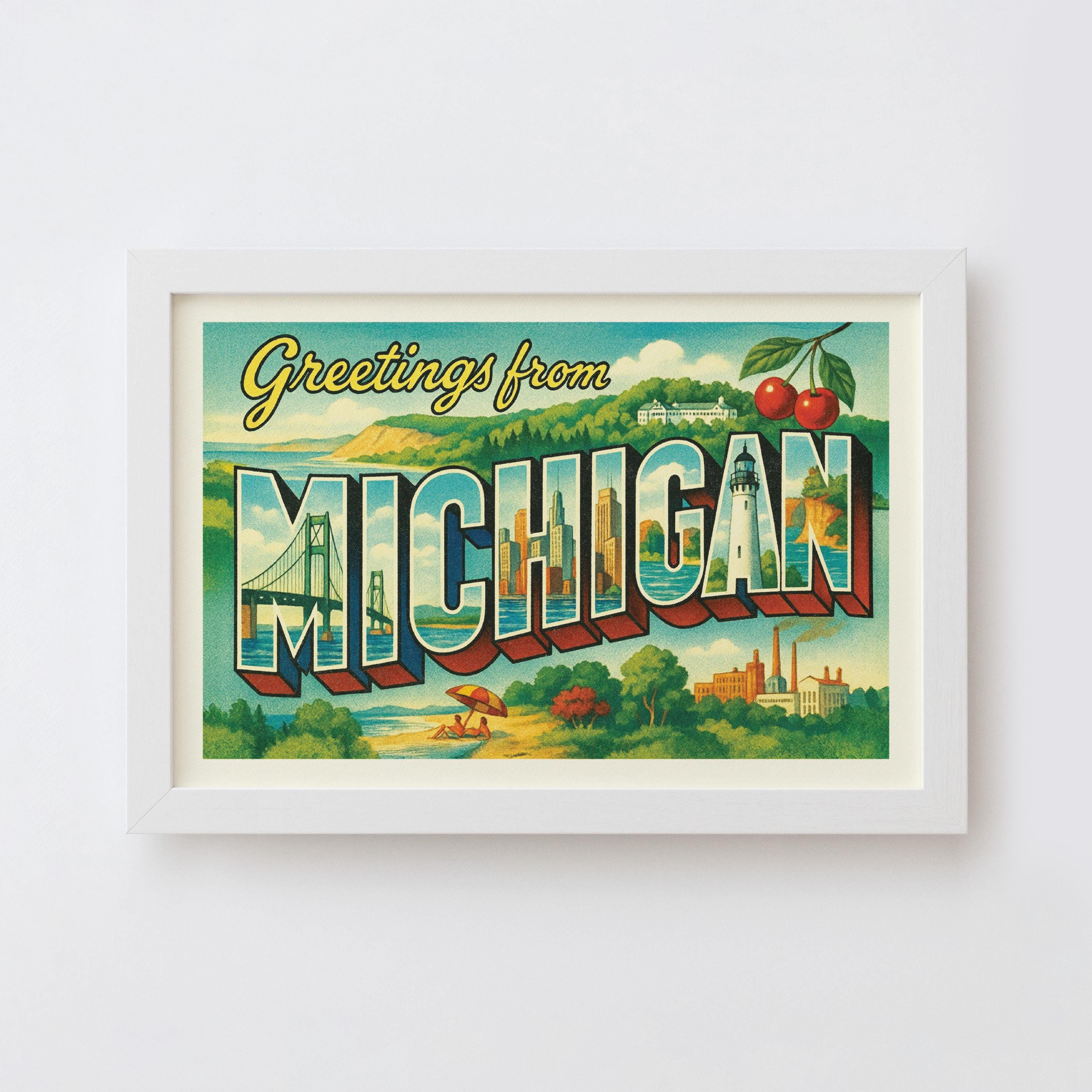 Michigan Postcard Art Print | Greetings From Michigan Vintage