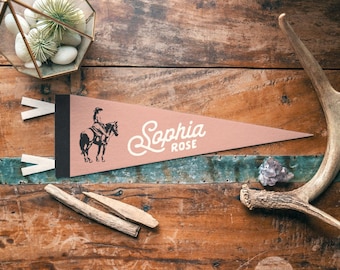 Cowgirl Custom Name Sign Felt Pennant | Vintage Wild West Banner, Kids Room Decor, Western Nursery Wall Art, Rustic Home Accent Gift
