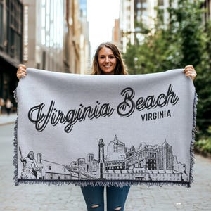 Virginia Beach Virginia City Blanket | Woven Throw Blanket Gift, Black & White Skyline City Art, Fun Home Decor, Cozy Soft City Gift