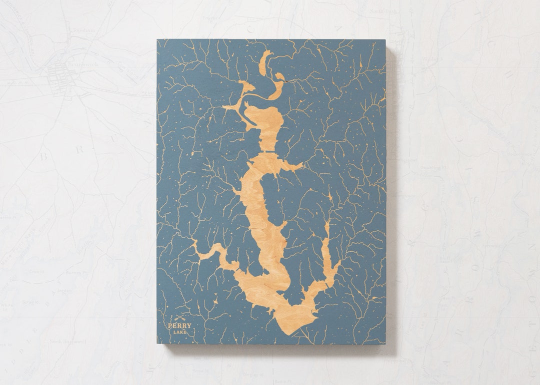 Perry Lake, Kansas Engraved Map Art Cabin Print, Lake House Decor, Wood