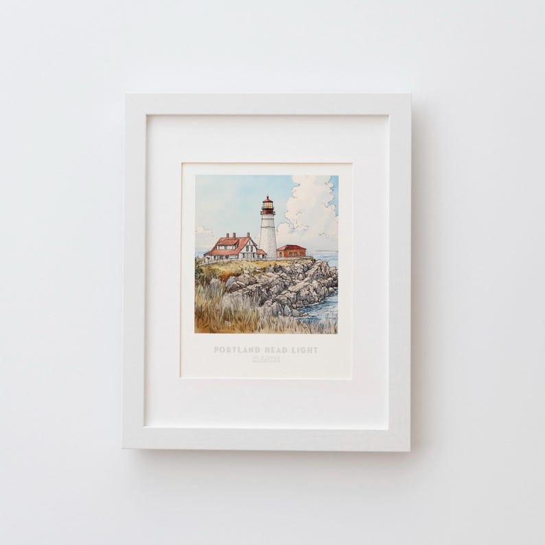 Portland Head Light Wall Art Print - Pen Ink & Watercolor Lighthouse ...