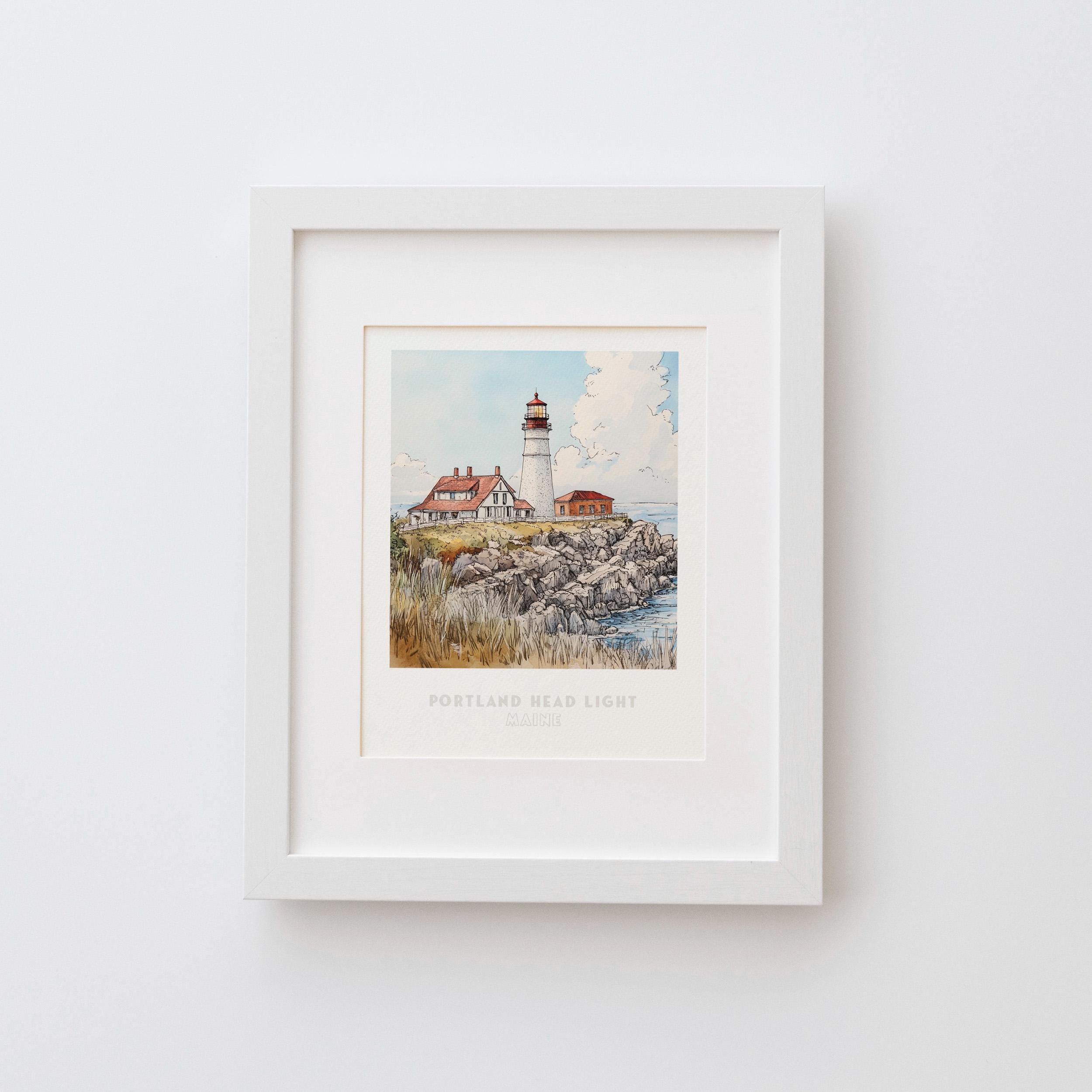 Portland Head Light Wall Art Print - Pen Ink & Watercolor Lighthouse ...