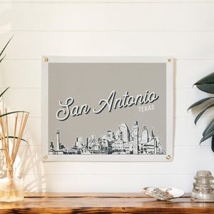San Antonio, Texas Felt Poster Banner | City skyline wall art print sign. Vintage city line drawing pennant home decor. Handmade gift idea Gray