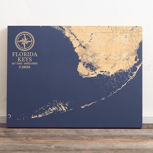 Kaart Florida Keys | Gegraveerd houten bord kustmuur, strandhuis woondecoratie muur hangend nautische print, uniek gepersonaliseerd familiecadeau