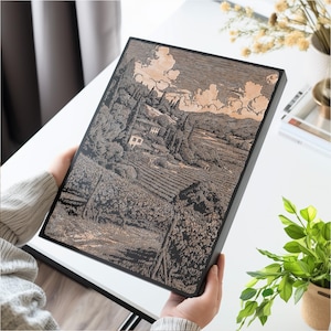 Napa Valley Vineyard Scene Wall Art | Engraved Wood Lithograph Travel Illustration, California Home Decor, Wine Lover Gift, Country Living