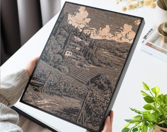 Napa Valley Vineyard Scene Wall Art | Engraved Wood Lithograph Travel Illustration, California Home Decor, Wine Lover Gift, Country Living