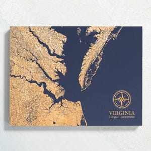 Karte von Virginia Coast | "Graviertes Holz Küsten Karte Wand Kunst Zeichen, Strand Haus Wohnkultur Nautisches Leben Druck, Einzigartiges personalisiertes Familien Geschenk."