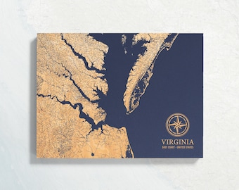 Virginia Coast Map | Engraved Wood Coastal Chart Wall Art Sign, Beach House Home Decor Nautical Life Print, Unique Personalized Family Gift