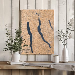 Cayuga and Seneca Lake New York | Custom Lake Map Home Decor, Personalized Lake House Gift, Anniversary Wedding Gift, Engraved Wood Wall Art