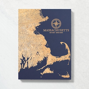 Massachusetts Küste Karte | "Graviertes Holz Küsten Karte Wand Kunst Schild, Strand Haus Wohnkultur nautischen Druck, einzigartiges personalisiertes Geschenk für die Familie