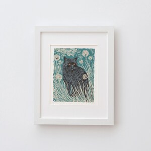 Black Cat in Dandelions Art Print - Vintage inspired linocut block print style poster, archival fine art print. Nature folk art gift. image 4