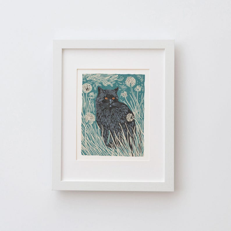 Black Cat in Dandelions Art Print - Vintage inspired linocut block print style poster, archival fine art print. Nature folk art gift. image 4