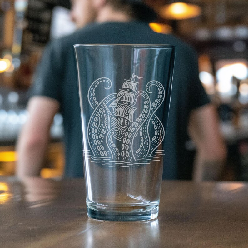 Kraken Glasses | Laser Etched Nautical Barware, Engraved Gift for Ocean Lovers & Maritime Home Decor image 5