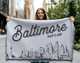 Baltimore Maryland City Blanket | Woven Throw Blanket Gift, Black & White Skyline City Art, Fun Home Decor, Cozy Soft City Gift