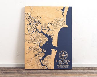 Hampton Beach, New Hampshire Map | Engraved Wood Coastal Chart Wall Art Sign, Beach Home Decor Nautical Print, Unique Personalized Gift