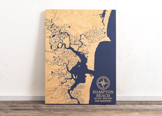 Hampton Beach, New Hampshire Map | Engraved Wood Coastal Chart Wall Art Sign, Beach Home Decor Nautical Print, Unique Personalized Gift