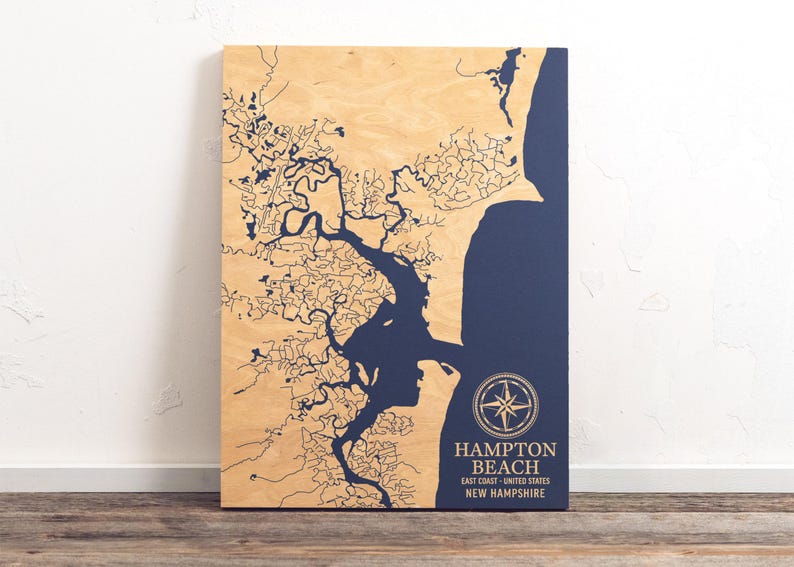 Hampton Beach, New Hampshire Map | Engraved Wood Coastal Chart Wall Art Sign, Beach Home Decor Nautical Print, Unique Personalized Gift Midnight Blue w/o Personalization