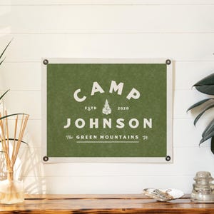 Custom Camp Name Sign Felt Banner | Classic vintage style typography flag. Personalized pennant family gift. Lake camp, mountain cabin.