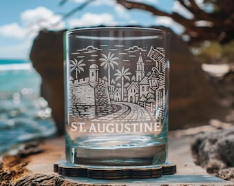 Cristalería de viaje grabada con láser de San Agustín, Florida; regalo con escena escénica grabada para viajeros costeros.