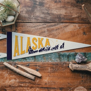Alaska Felt Pennant | The Last Frontier banner poster. Vintage dog sled camp flag pennant home decor. USA Handmade Adventure Wanderlust Gift